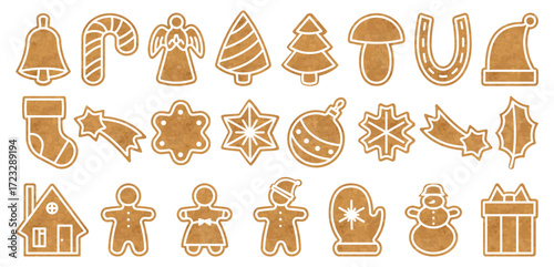 Set of vector silhouettes of Christmas cookies. Gingerbread man, tree, star, snowman, holiday biscuit shapes, festive baking cutters, Xmas decorations