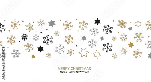 Elegant gold and silver snowflakes and stars border design for festive holiday celebrations and winter greetings