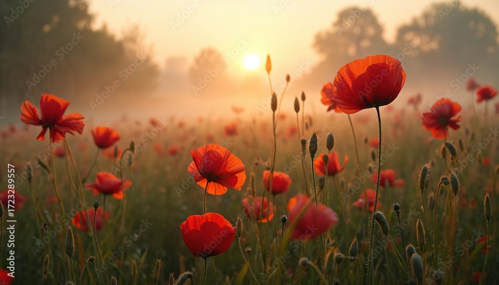 Fototapeta premium Misty morning scene rural meadow. Red poppies bloom in tall grasses, soft focus with gentle, muted colors. Ethereal mystery with delicate light, dewy, atmospheric mood. Countryside nature landscape.