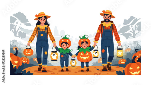 Family Halloween Adventure: A heartwarming cartoon illustration captures a family's enchanting Halloween celebration. Dressed in delightful costumes, they embark on a spirited journey.