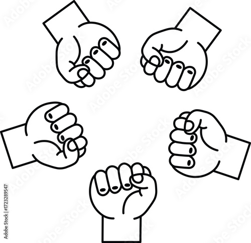 Five clenched fists arranged in a circle on white background hand group