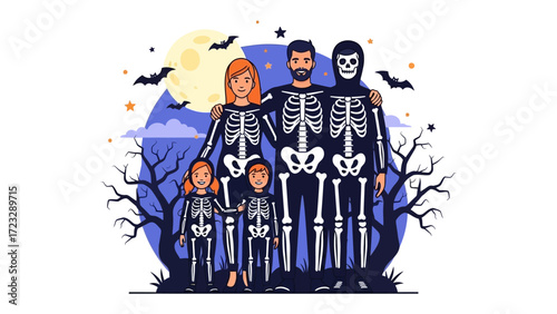 Spooky Family Portrait: A family, costumed as skeletons, stands together in a festive Halloween scene, framed by bare trees under a glowing moon and darting bats.