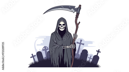 Grim Reaper in a Graveyard: A chilling illustration depicts the Grim Reaper, cloaked in darkness and bearing his iconic scythe, presiding over a shadowy graveyard with tombstones.