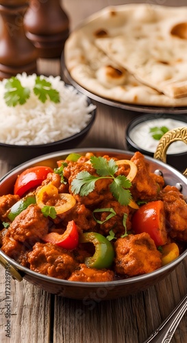 Chicken tikka masala in a traditional bowl with basmati rice, naan bread, and raita on a rustic wooden table