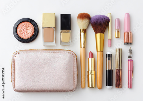 Collection of makeup and cosmetic products isolated on white background