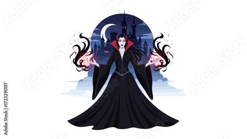 Vampire Sorceress: A mesmerizing sorceress, adorned in a flowing black gown and bearing a captivating allure, commands dark energies beneath a moonlit, gothic skyline.