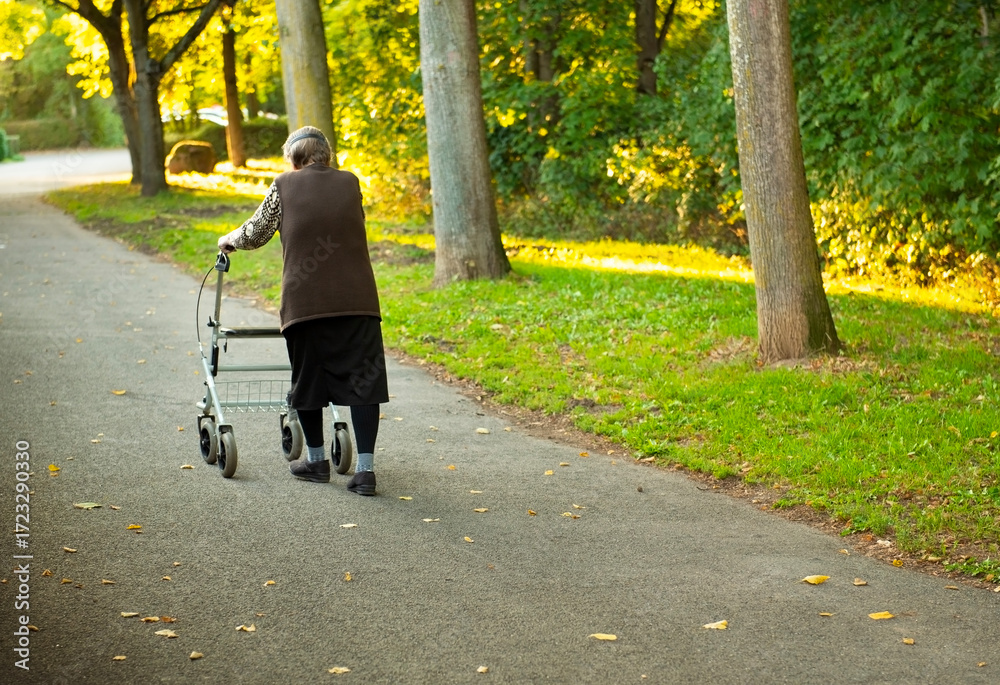 Obraz premium Elderly woman slowly taking a walk though park with help of a walker to aid 