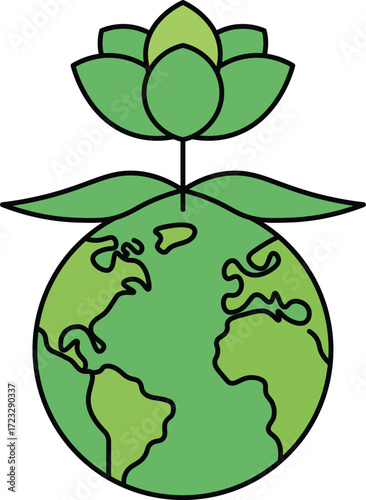Green planet earth with blooming flower and leaves globe world