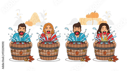 Apple Bobbing Joy: Captured a joyful moment of people participating in the traditional game, apple bobbing. Each figure is captured mid-action.