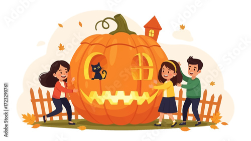Halloween fun with friends: A lively illustration captures three friends excitedly interacting with a giant jack-o'-lantern, adorned with a playful black cat and a miniature house atop.