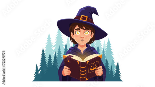 Young Wizard's Spell: A charming illustration of a young wizard, donned in a classic pointy hat and robe, intently reading a spellbook. He is illuminated by the glowing pages. 