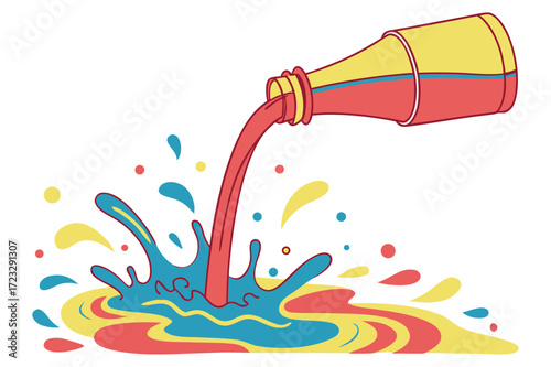 Colorful liquid pouring from a bottle creating vibrant splashes and puddles in an artistic splash effect