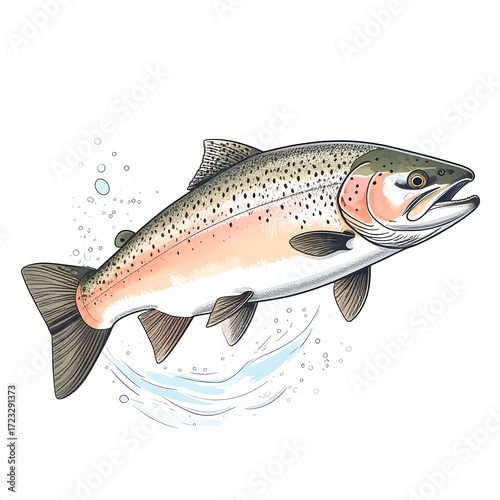 A leaping rainbow trout in watercolor style