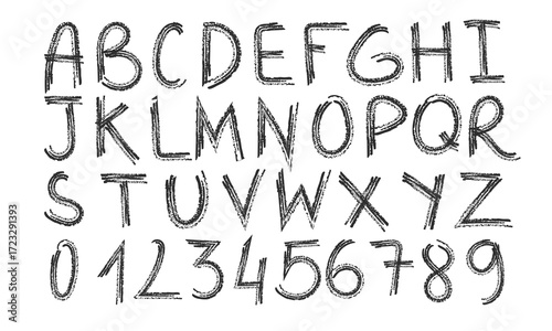Hand drawn uppercase letters and numbers with rough grunge texture, black on white background