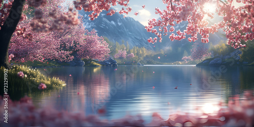 Cherry Blossom Branches Over Water with Soft Sunset Light
