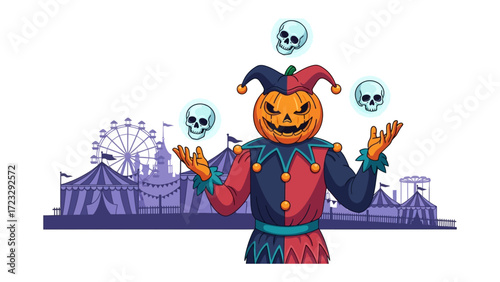 Halloween Juggler at Carnival: A spooky, illustrated Halloween scene features a pumpkin-headed jester at a carnival, juggling floating skulls in a festive atmosphere.