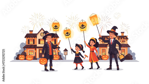 Halloween Family Celebration: A family, costumed and filled with glee, gathers under a star-filled sky on Halloween night.