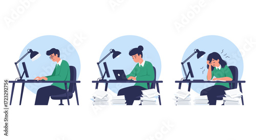 People working at desks showing different levels of focus and stress.