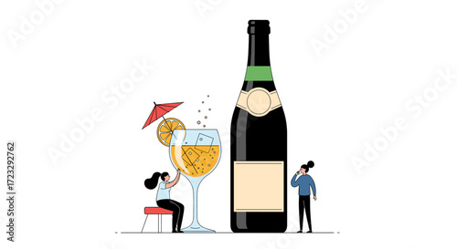 Tiny people enjoy a giant drink and champagne bottle.