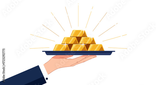 Hand Serving Stack of Gold Bars on Tray.