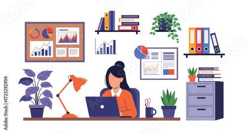 Woman working on laptop in office with charts and plants.