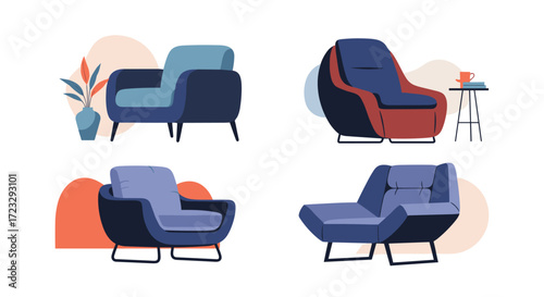 Set of Four Modern Armchairs in Different Styles and Colors.