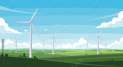 Wind Turbines Generating Clean Energy in a Green Field Landscape.