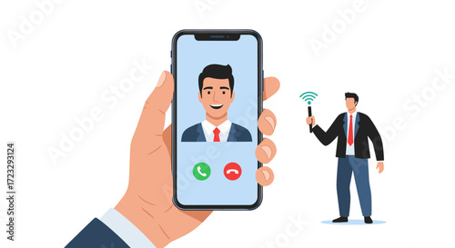 Incoming video call on a smartphone held by a hand.