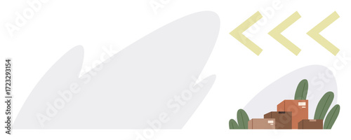 Stacked cardboard boxes near green shrubs under yellow arrows representing logistics, storage, and eco-friendly organization. Ideal for transport, supply chain, warehouse, productivity, logistics