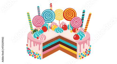 Colorful Layered Cake Decorated with Lollipops and Candies.