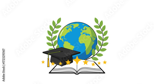 Global Education and Knowledge Symbolized by Graduation Cap and Open Book.