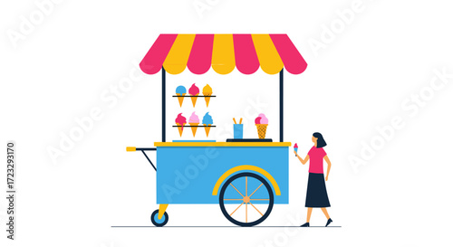 Woman Buying Ice Cream from Colorful Cart.