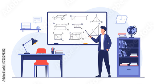 Teacher Explaining Geometry Shapes on Whiteboard in Classroom.