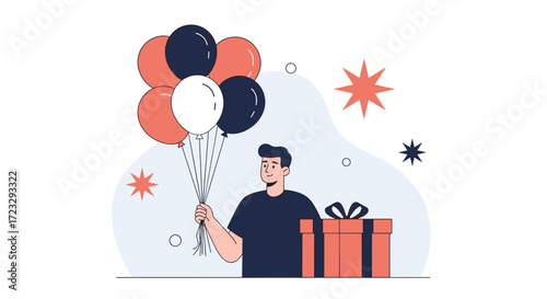 Man Holding Balloons and Gift Box Celebrating Birthday.
