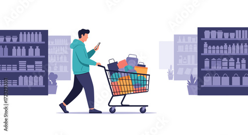 Man Pushing Shopping Cart Full of Groceries in Supermarket Aisle.
