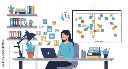 Woman Working on Laptop in Modern Office with Kanban Board.