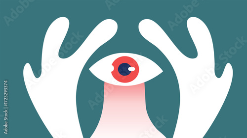 White surreal hands framing red eye on green background
