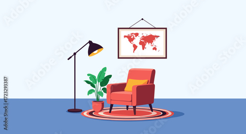 Cozy Living Room Corner With Red Armchair And World Map.