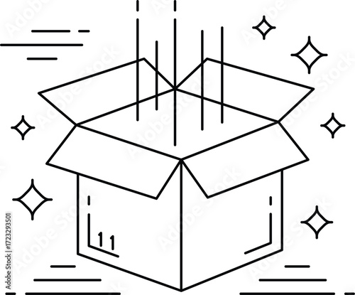 Open cardboard box with lines and sparkles graphic icon package delivery