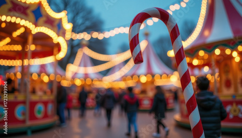 Wallpaper Mural Christmas banner. Candy cane at Christmas fair with lights and carousel Torontodigital.ca
