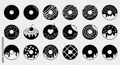 A collection of black and white donut illustrations with various toppings and designs, presented in a grid format.