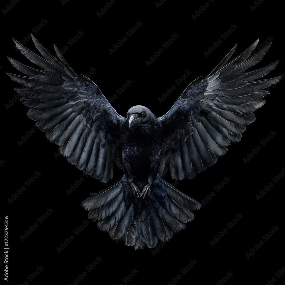 Obraz premium Black raven with wide wings on a black background. Crow with spread wings. Bird in flight concept for nature and animal theme.