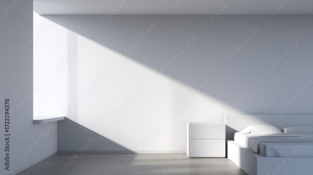 Obraz premium A minimalist bedroom with white walls and natural light, featuring a wooden floor, a bed with thin bedding,