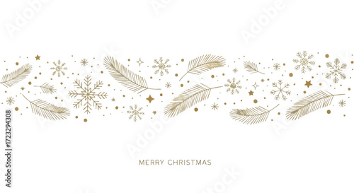 Elegant Christmas banner with golden snowflakes, feathers, and stars on a white background.