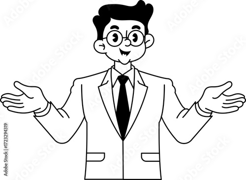 Cartoon Illustration of a Man in Suit with Glasses and Open Hands Gesture
