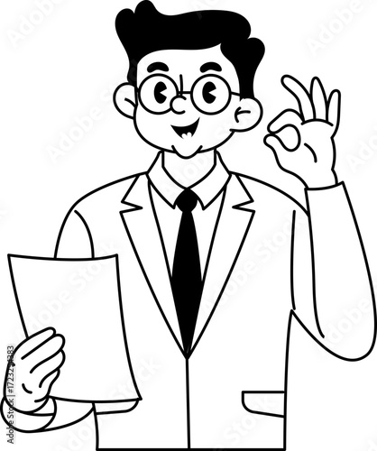 Smiling scientist showing ok sign while holding paper sheet cartoon illustration