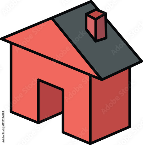 Red and gray isometric house icon with chimney home building