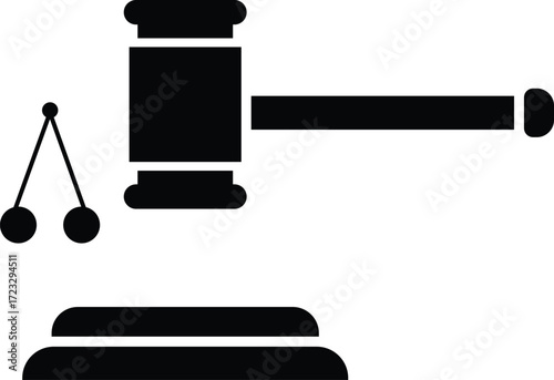 Black gavel and scales of justice icon on white background legal