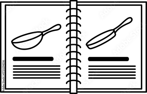 Monochrome Cookbook Illustration Featuring Frying Pans and Recipe Information Layout