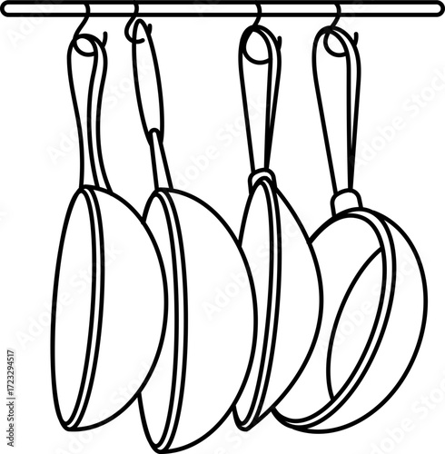 Minimalist Line Art Illustration of Hanging Kitchen Pans on a Dark Background
